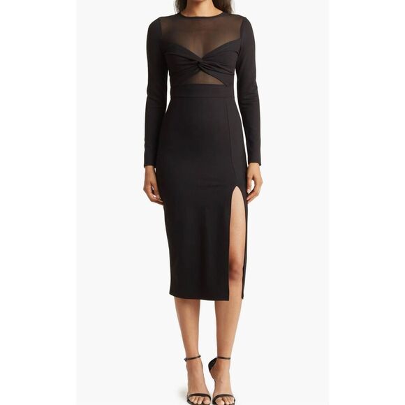 Love By Design Black Celia Illusion Mesh Ruched Midi Dress Long Sleeve S NWT - Picture 1 of 12